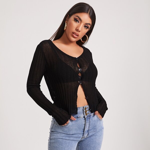 

Button Placket Semi Sheer Cardigan, Black