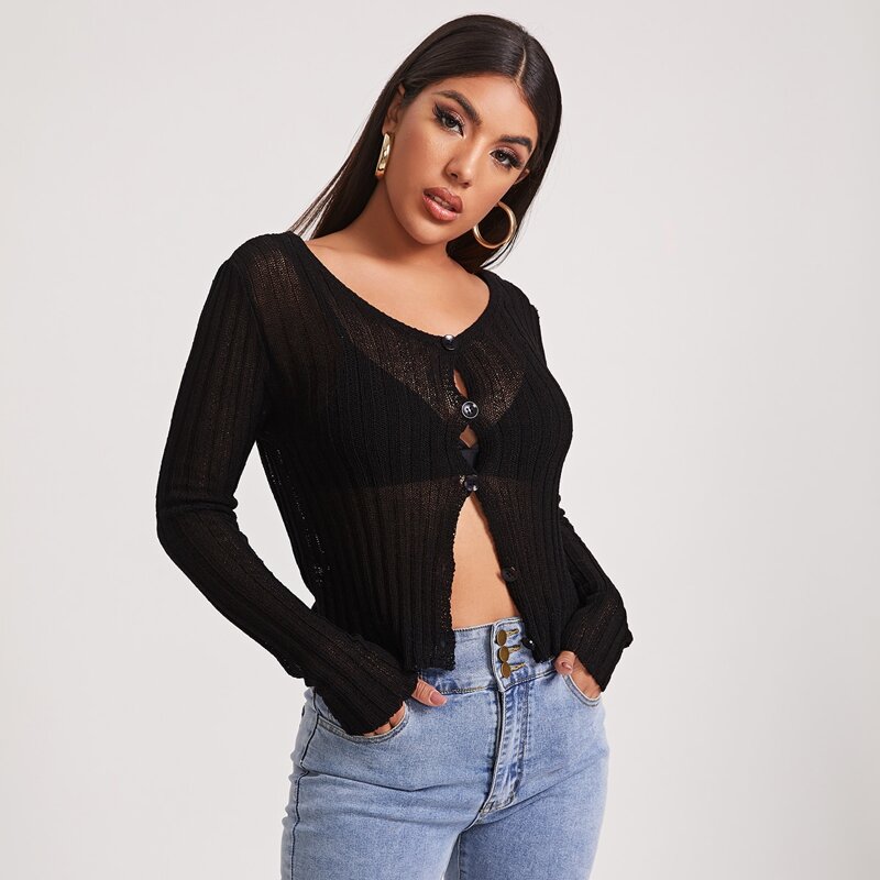 

Button Placket Semi Sheer Cardigan, Black