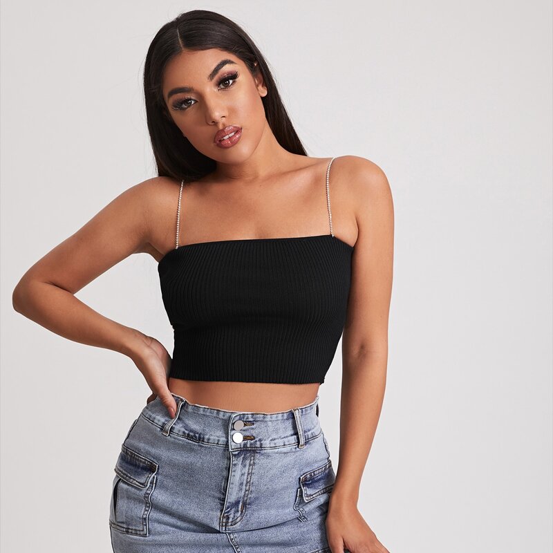 

Rhinestone Straps Crop Knit Top, Black