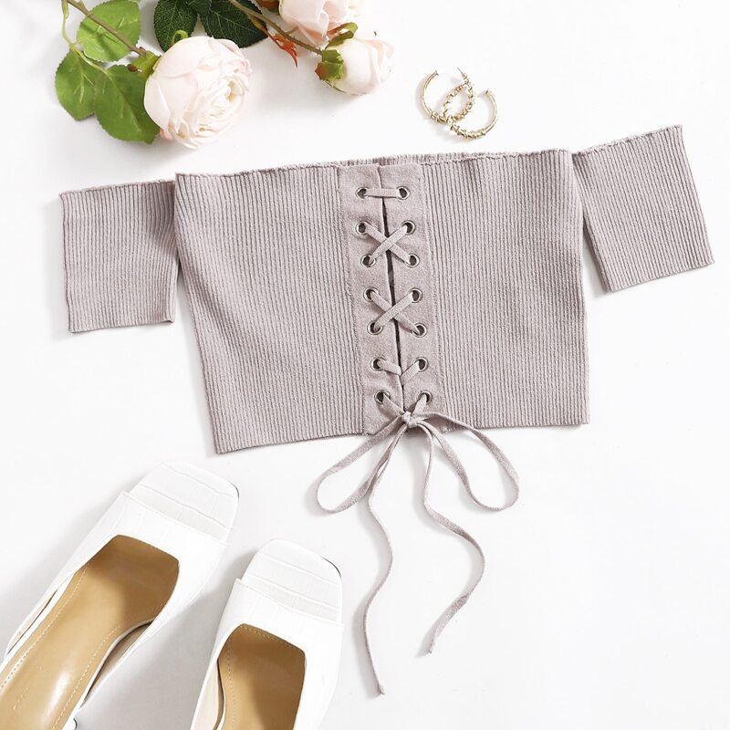 

Off Shoulder Lace Up Front Crop Knit Top, Apricot