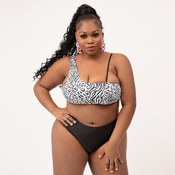 

Plus Leopard & Zebra Stripe High Waisted Bikini Swimsuit, Black and white