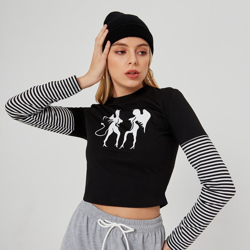 

Striped Sleeve Graphic Crop Tee, Black