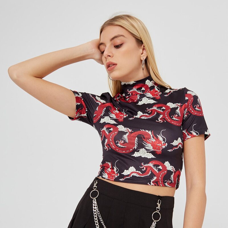 

Chinese Dragon Print Crop Tee, Multicolor