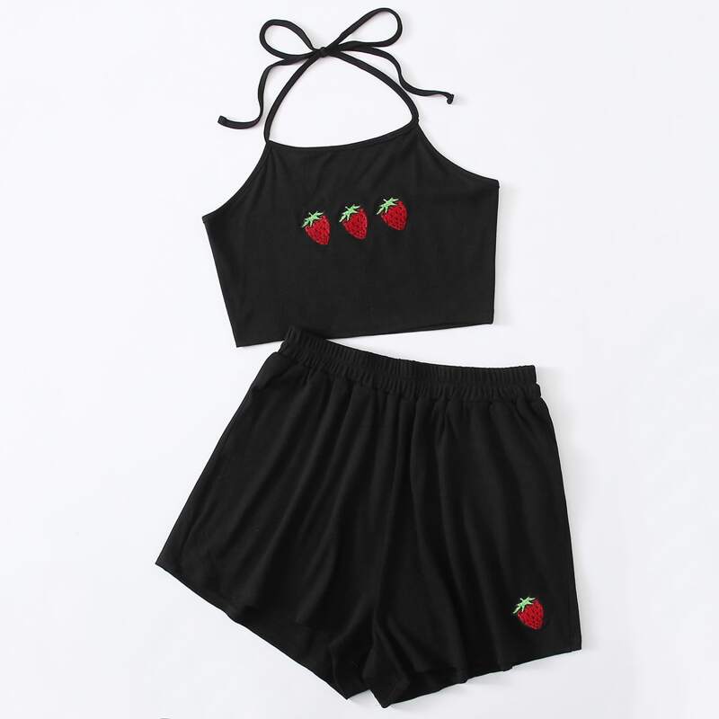 

Strawberry Embroidery Halter Top & Shorts, Black