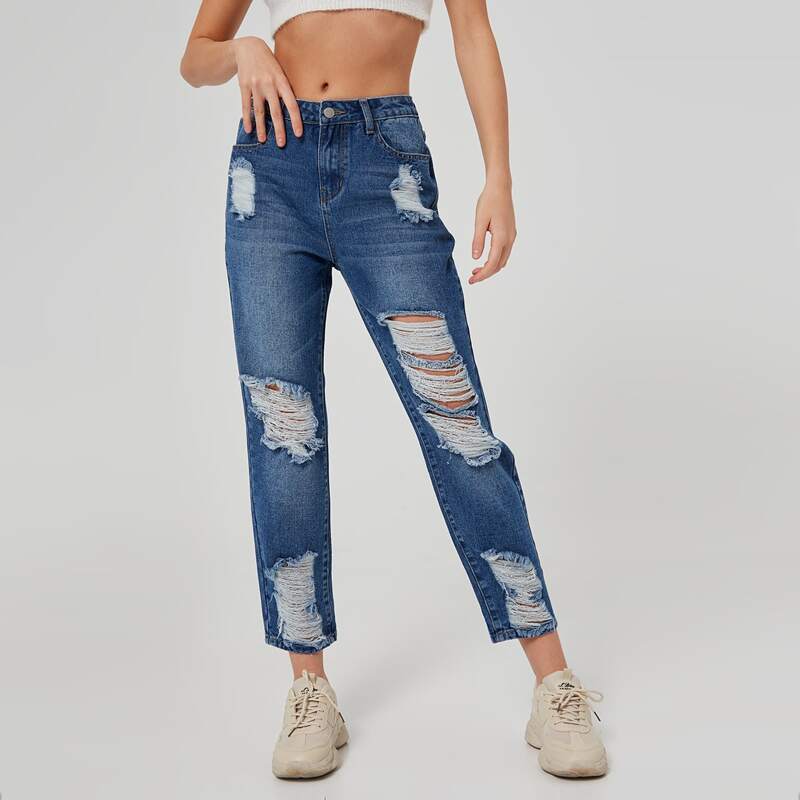 

Straight Leg Distressed Jeans, Medium wash