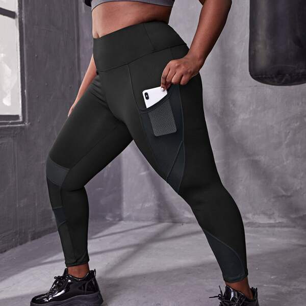 

Plus Solid Sports Leggings With Phone Pocket, Black