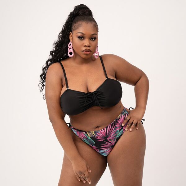 

Plus Plant Print Drawstring Tie Side Bikini Swimsuit, Multicolor