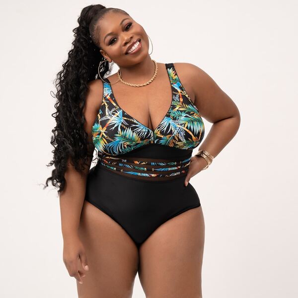 

Plus Plant & Chain Print Contrast Mesh One Piece Swimsuit, Multicolor