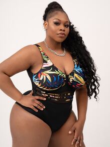 SHEIN Slayr 加上植物印花对比网眼连体泳衣，适合夏季海滩度假 - 彩色 - 查看 3