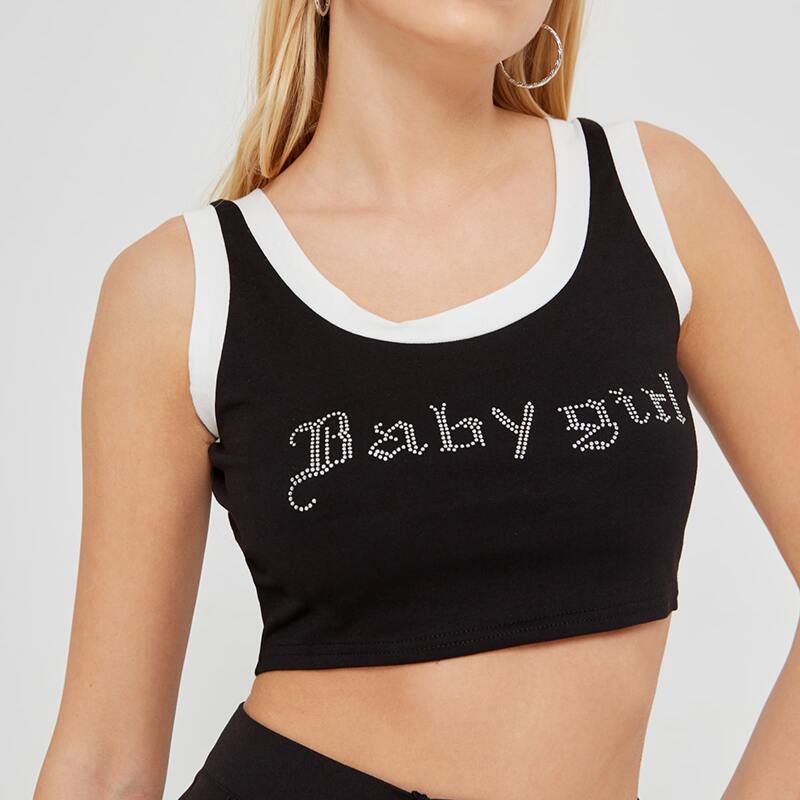 

Rhinestone Decor Crop Tank Top, Black