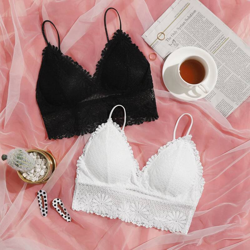 2pack Floral Lace Bralette Set, Black and white