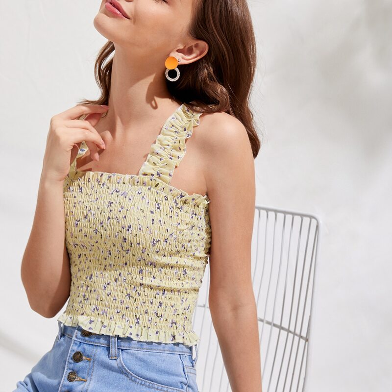 

Ditsy Flower Shirred Ruffle Crop Top, Multicolor