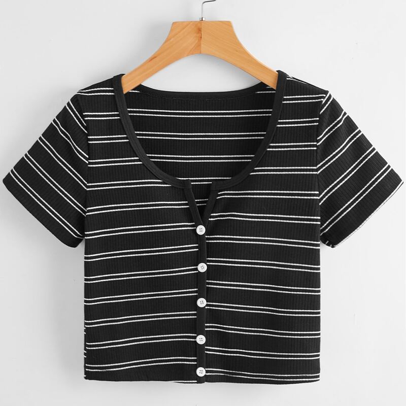 

Button Front Striped Tee, Black and white