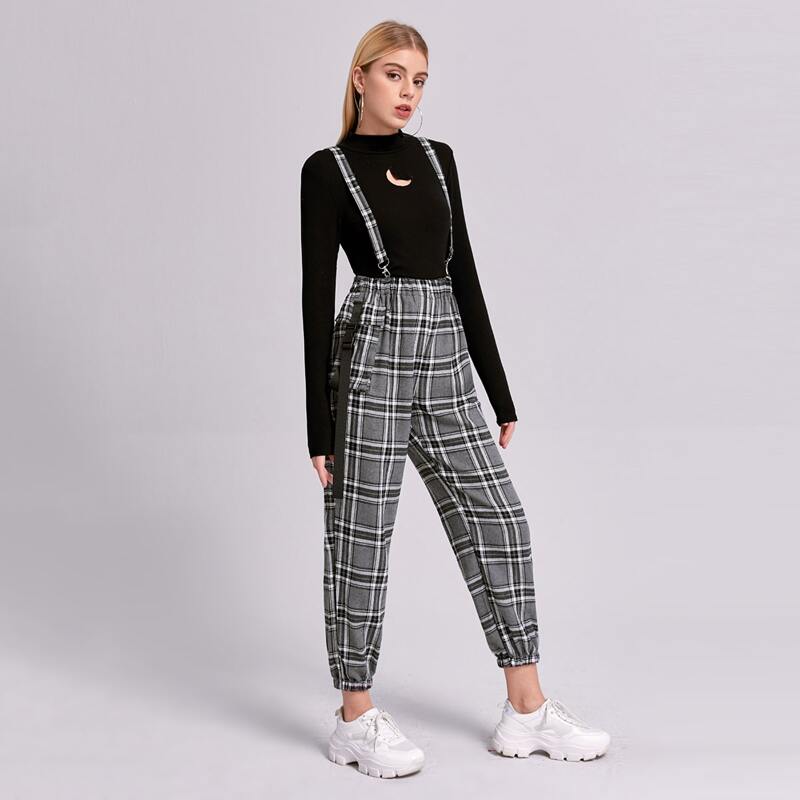 

Release-Buckle Plaid Overall Jumpsuit, Grey