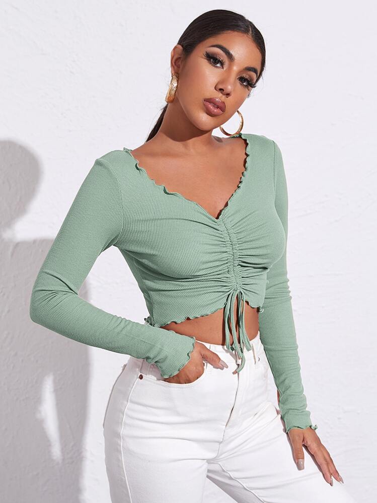 SHEIN Essnce Camiseta unicolor con fruncido delantero con cordón ribete en forma de lechuga - verde menta - Añade 1