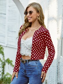 SHEIN Clasi 波卡圓點圓領前開式短版夾克 - 紫紅色 - 查看 4