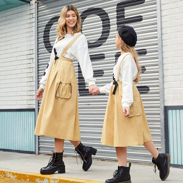 

Girls 1pc Push Buckle Waist Flap Pocket Suspender Skirt, Khaki