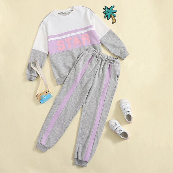 

Girls Letter Graphic Pullover & Colorblock Sweatpants Set, Multicolor