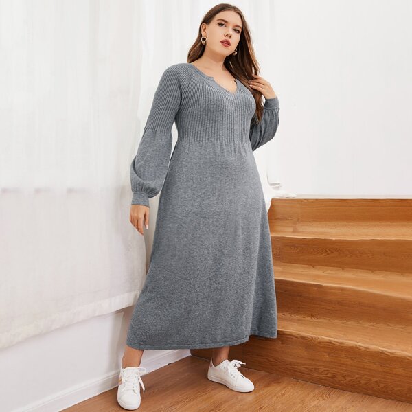 

Plus Notched Neck Lantern Sleeve Sweater Dress, Grey