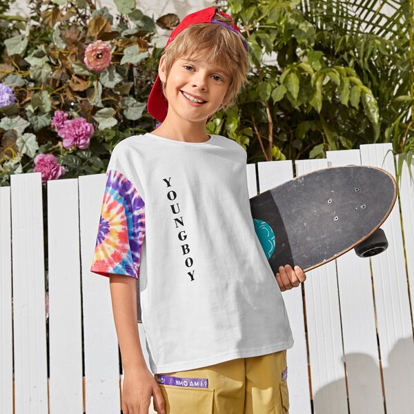 

Boys Tie Dye Sleeve Letter Graphic Top, White