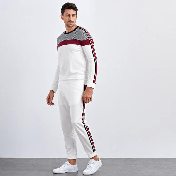

Men Striped Tape Side Plaid Yoke Pullover & Sweatpants Set, White