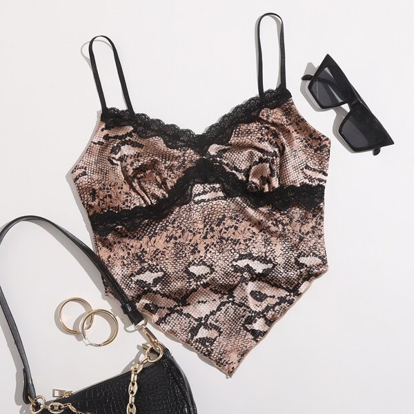 

Lace Trim Floral Cami Top, Black and white