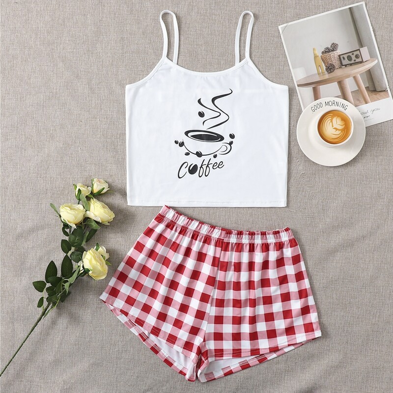 

Coffee Print Cami Top With Gingham Shorts PJ Set, Red and white