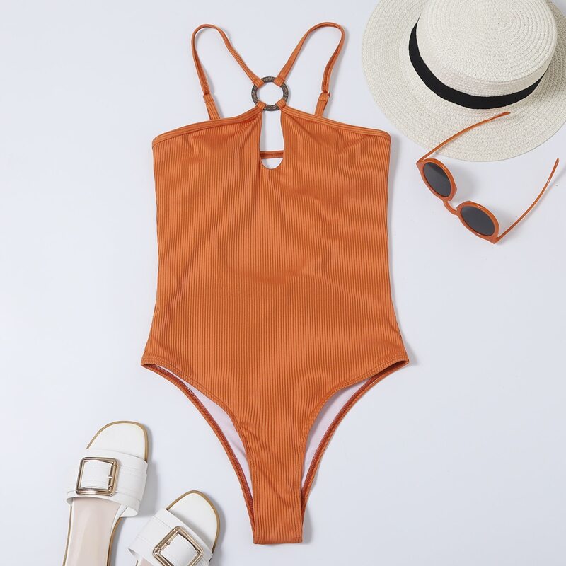 

Rib Ring Linked One Piece Swimsuit, Burnt orange
