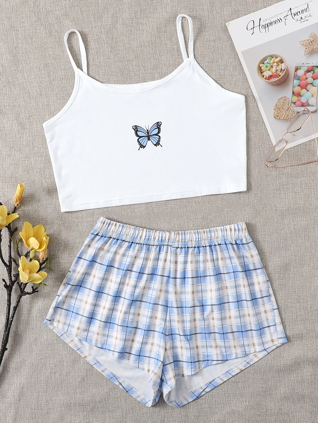 Butterfly And Plaid Print Pajama Set thumbnail