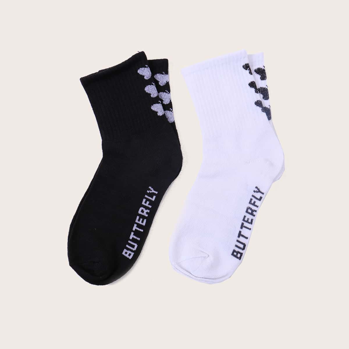 

2pairs Butterfly Print Crew Socks, Black and white