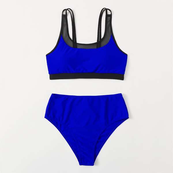 

Mesh Panel High Waist Bikini Swimsuit, Royal blue