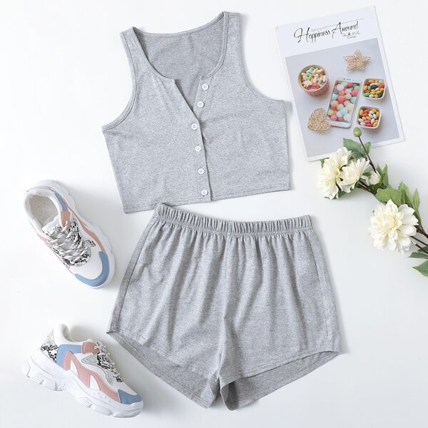 

Button Front Tank Top With Short Lounge Set, Grey