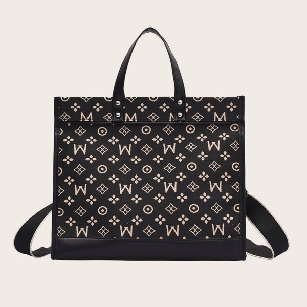

Allover Geometric Print Tote Bag, Black