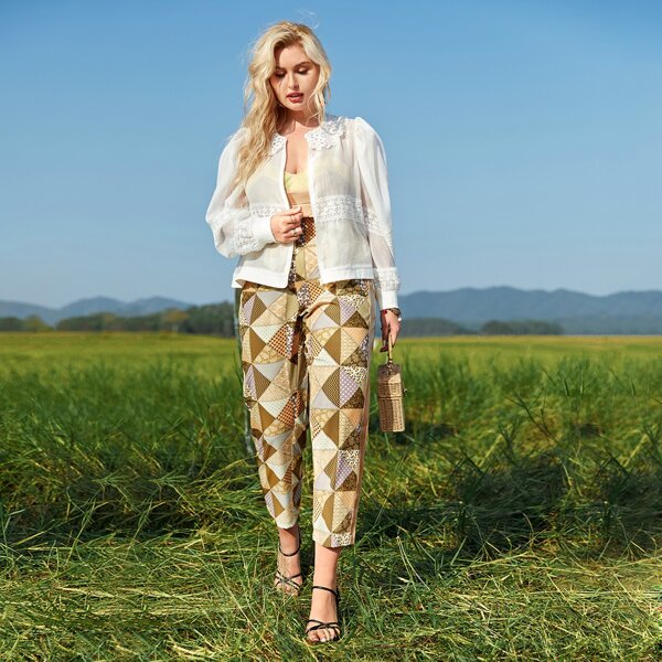 

Plus Patchwork Print Pants, Multicolor