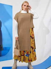 Mulvari Plus Size 2 Packs Asymmetrical Hem Short Sleeve Top & Floral Skirt - Multicolor - View 4