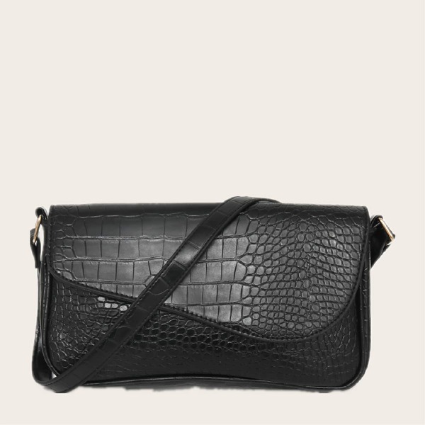 

Croc Embossed Flap Baguette Bag, Black