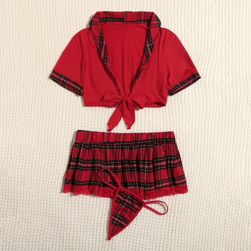 

3pack Lace Trim Tartan Uniform Costume Set, Red