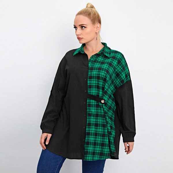 

Plus Drop Shoulder Buttoned Strap Front Plaid Panel Blouse, Multicolor