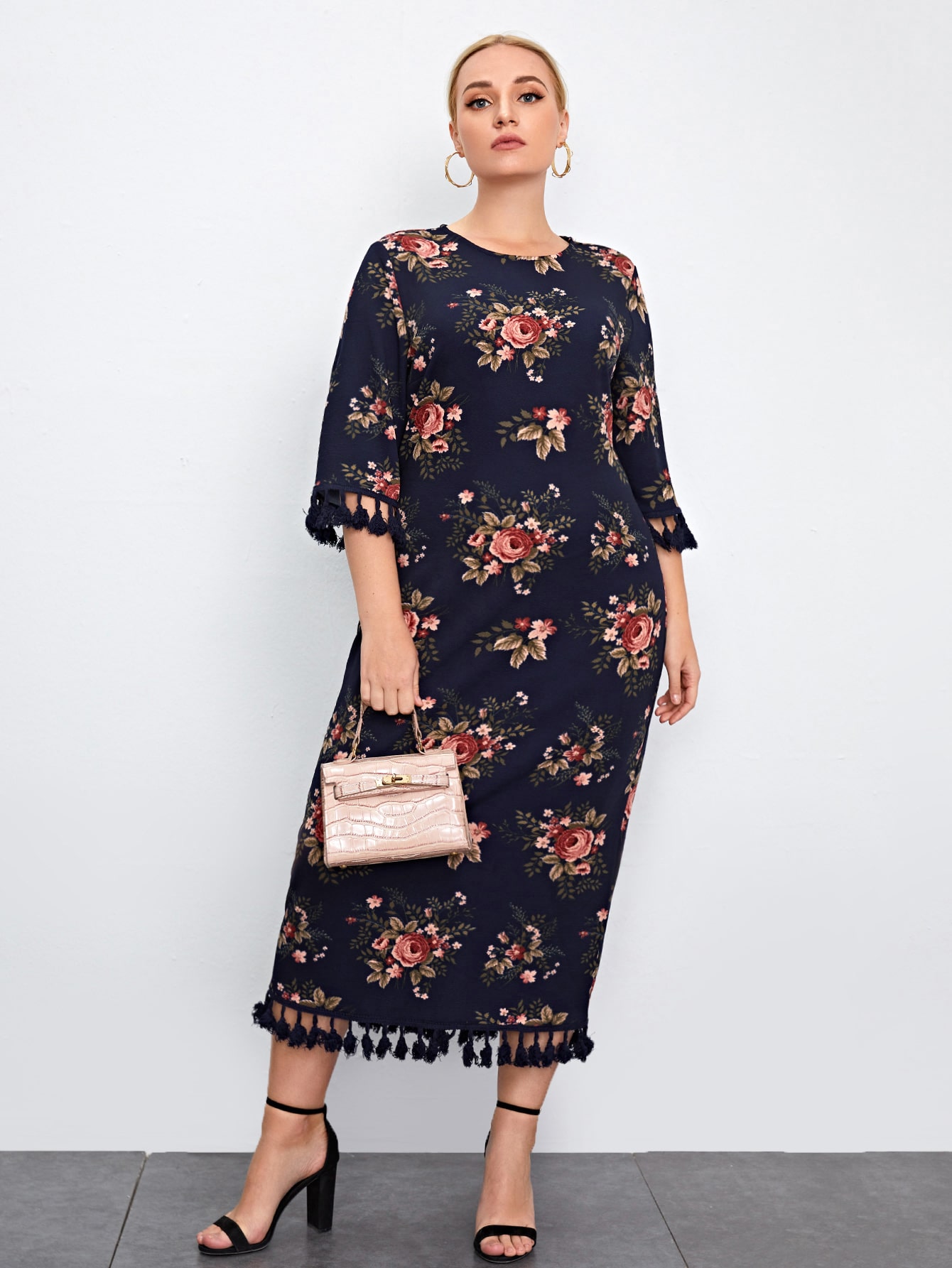 Plus Allover Floral Print Tassel Trim Split Hem Dress thumbnail