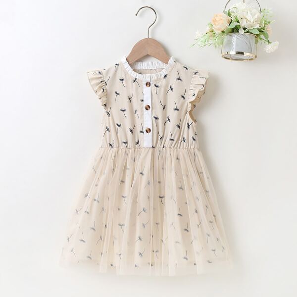 

Toddler Girls Allover Plants Print Mesh Hem Dress, Beige