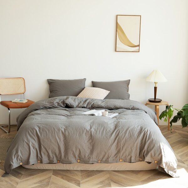 

Solid Color Button Duvet Cover Set Without Filler, Grey