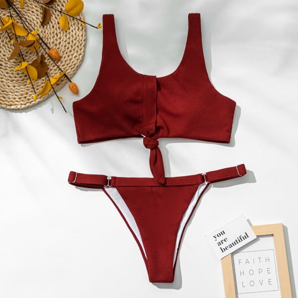 

Knot Hem Thong Bikini Swimsuit, Maroon