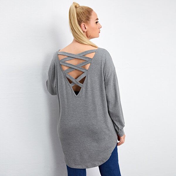 

Plus Crisscross Back Dip Hem Tee, Grey