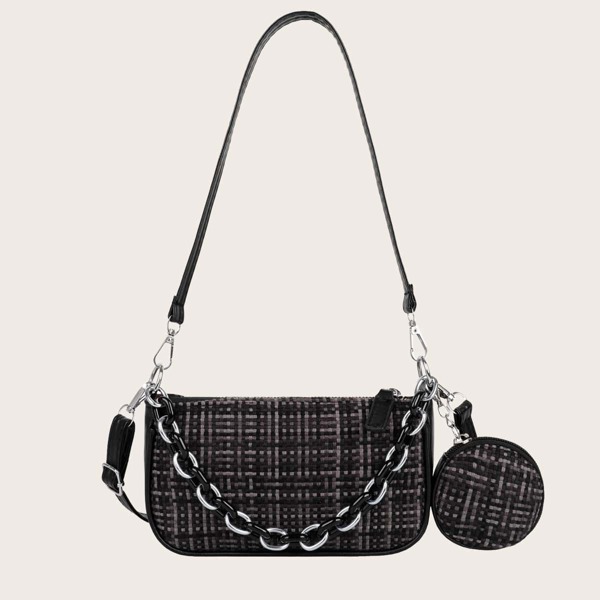 

Plaid Pattern Baguette Bag With Purse, Black