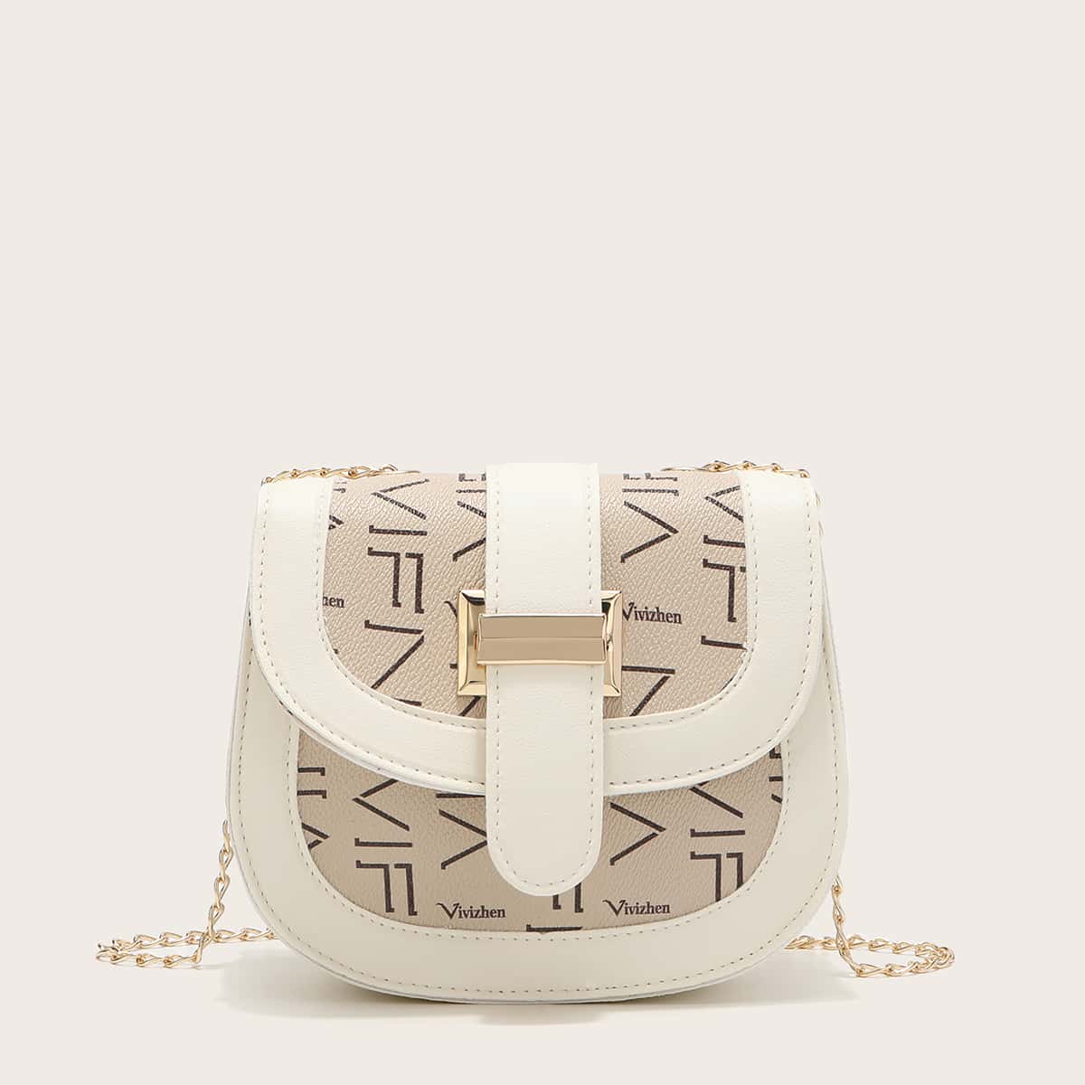 

Letter Graphic Chain Saddle Bag, Beige