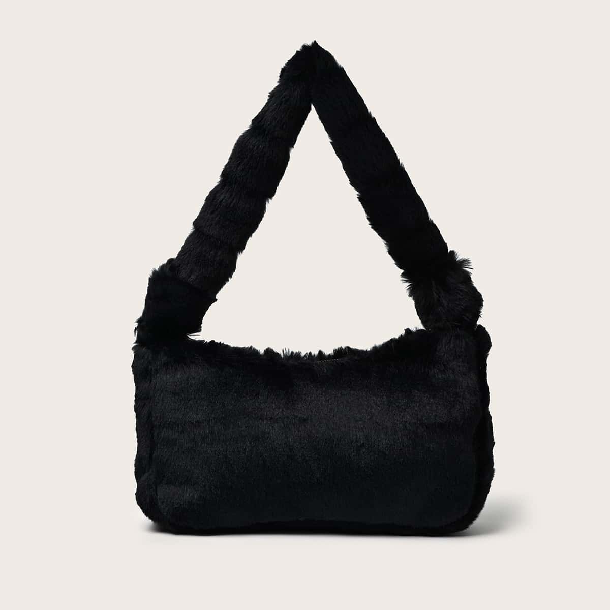 

Solid Fluffy Baguette Bag, Black