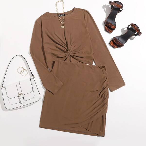 

Plus Twist Front Tee With Skirt, Mocha brown