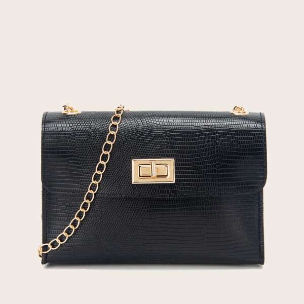 

Lizard Print Turn-Lock Flap Chain Bag, Black