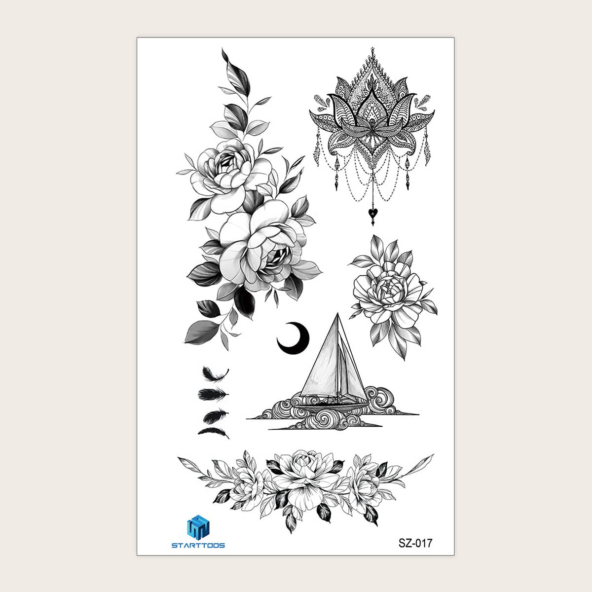 

1sheet Flower Pattern Tattoo Sticker, Black and white