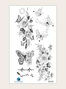 防水紋身貼紙，1 張女士花卉和蝴蝶圖案臨時紋身，動物紋身貼紙成人，看起來真實假紋身，適合女士和女孩 - 黑色 - 查看 1